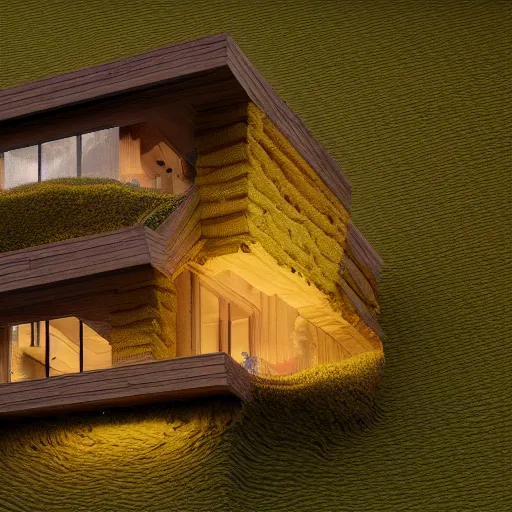 Image similar to small hillside house made of honey, modern lighting, hyper - realistic, hyper - detailed, 8 k, octane rendered, art nouveau, organic, flowing, impossible torsion, writhing, lush, dynamic