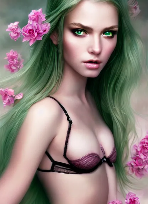 Prompt: a beautiful portrait, sexy fantasy. professionally retouched, soft lighting, wearing sexy black dessous, realistic, smooth face, perfect green eyes, long white hair with pink highleights, wide angle, sharp focus on the eyes, 8 k high definition, insanely detailed, intricate, elegant, art by artgerm and wlop