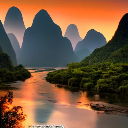 Image similar to a beautiful HDR photograph of the Li River in Southern China at sunset, saturated orange tone, award-winning photograph