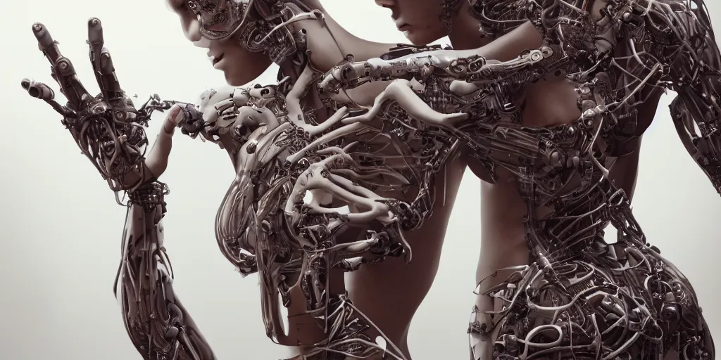 Prompt: photorealistic gorgeous symmetrical female cyborg, holding intimately, holding hands, highly detailed, arms, back, intricate, in the style of westworld, beth cavener, jin kagetsu, wlop, masterpiece, concept art, high key lighting, ambient lighting, octane render, 8 k, artstation