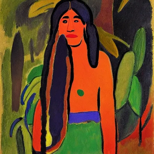 Image similar to painting of, young native american woman, full clothes on, in a jungle, by alexej von jawlensky