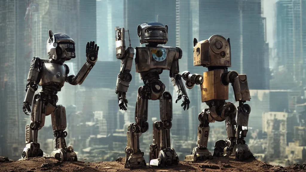 Prompt: film still from the movie chappie of the robot chappie shiny metal outdoor planet mars scene bokeh depth of field several figures furry anthro anthropomorphic stylized cat ears head android service droid robot machine fursona