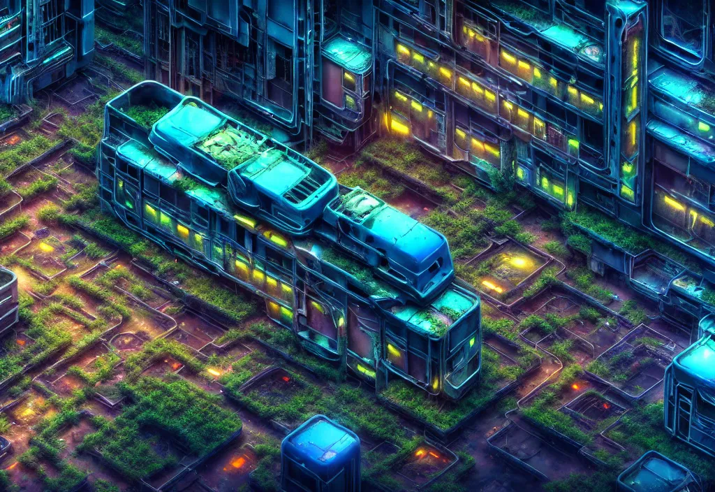 Image similar to A highly detailed crisp unreal engine render of aerial drone photo of A beautiful futuristic cyberpunk abandoned city building with neon fine lights, plants allover , godray, sunlight breaking through clouds, clouds, debris on the ground, abandoned machines bright colors, isometric, nitid horizon, factory by wangchen-cg, 王琛,Neil blevins, artstation, Gediminas Pranckevicius