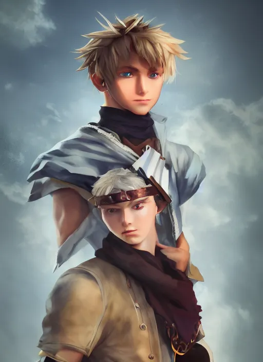 Prompt: An epic fantasy anime style portrait painting of a young blonde boy thief, unreal 5, DAZ, hyperrealistic, octane render, cosplay, RPG portrait, dynamic lighting