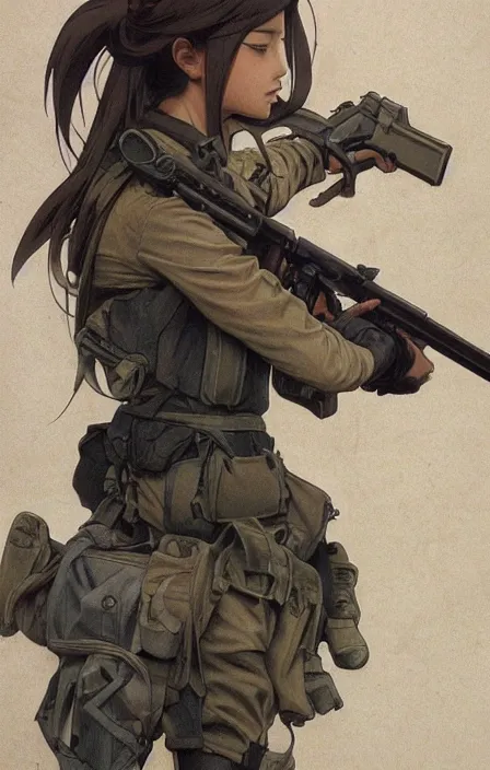 Prompt: infantry girl, anime style, symmetrical facial features long hair, hair down, under heavy fire, explosions, wallpaper, hyper realistic, pale skin, rule of thirds, extreme detail, 4 k, detailed drawing, trending artstation, realistic anatomy, trading card front, by alphonse mucha, greg rutkowski, sharp focus, backlit, fast helmet