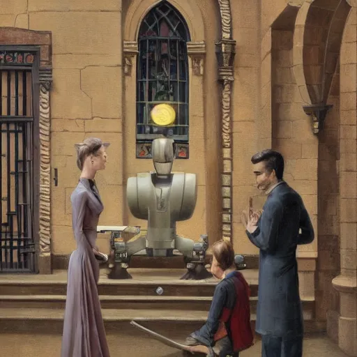 Prompt: detailed face of an intelligent scholarly robot with kind eyes in a architectonic victorian courtyard at a science expo, atmospheric, ambient, pj crook, syd mead, livia prima, artgerm, greg rutkowski, nick alm, casey baugh