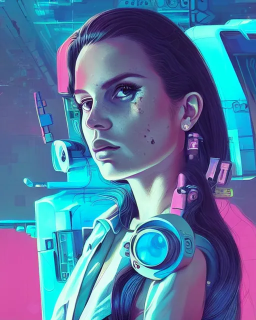 Image similar to portrait of lana del rey as a cyborg. realist abstract. key art. cyberpunk, blue and pink, intricate artwork. cyberpunk augmentations art by tooth wu, wlop, beeple, dan mumford. 8 k octane render, trending on artstation, greg rutkowski very coherent symmetrical artwork. cinematic, hyperrealism, very detailed, iridescent accents