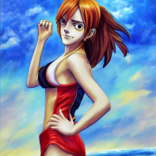 Image similar to beautiful emma watson cosplay as nami from one piece, oil painting, full body.