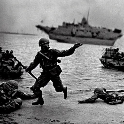 Image similar to shrek landing at d day, black and white world war 2 photograph historical