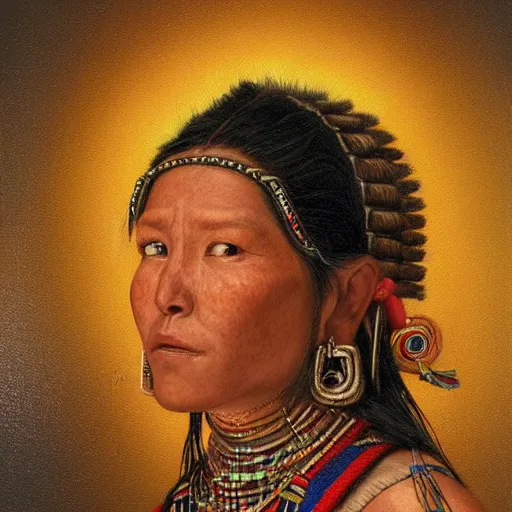 Prompt: portrait of an inca woman ( 3 5 ) from mesoamerica, an oil painting by ross tran and thomas kincade