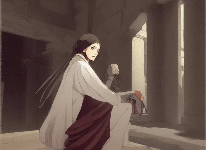 Image similar to greece 1 8 4 0's, young adult florence nightingale shocked at some children tormenting a small owl at the parthenon in athens, finely detailed perfect art, gapmoe yandere grimdark, trending on pixiv fanbox, painted by greg rutkowski makoto shinkai takashi takeuchi studio ghibli