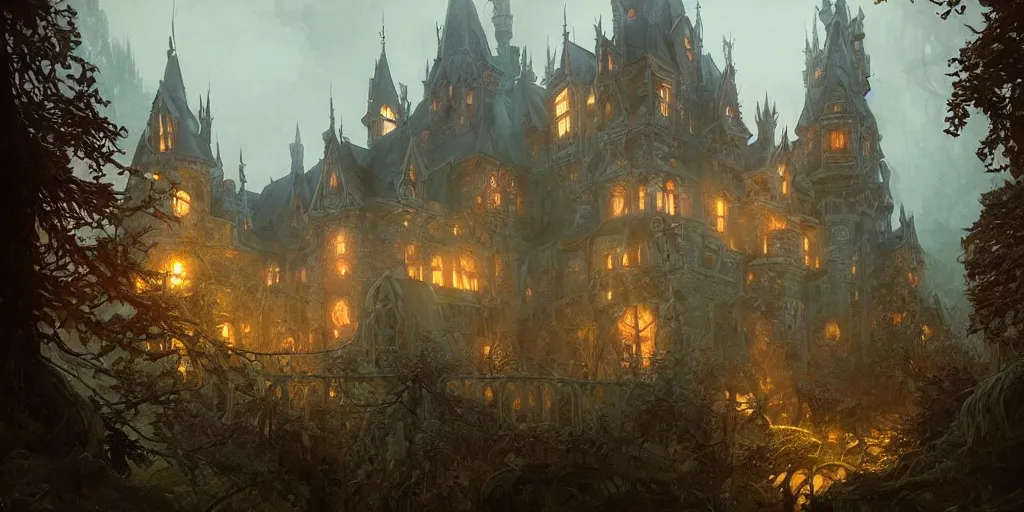 Prompt: a castle built in haunted forest, creepy fantasy ambience, D&D, fantasy, intricate, cinematic lighting, highly detailed, digital painting, artstation, concept art, smooth, sharp focus, illustration, art by Artgerm and Greg Rutkowski and Alphonse Mucha