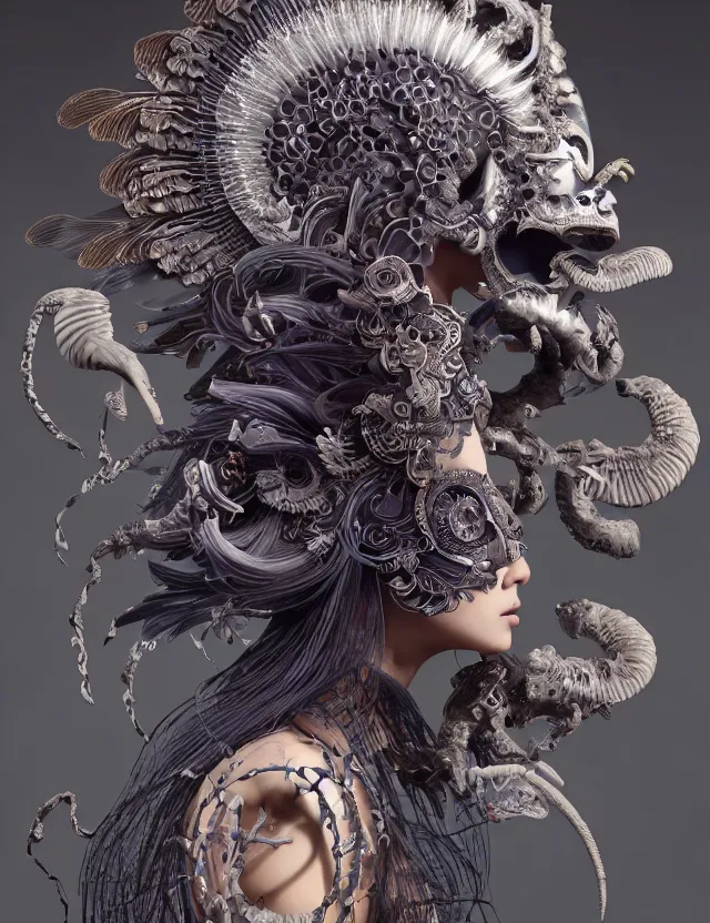 Image similar to 3 d goddess of death close - up profile portrait with ram skull. beautiful intricately detailed japanese crow kitsune mask and clasical japanese kimono. betta fish, jellyfish phoenix, bio luminescent, plasma, ice, water, wind, creature, artwork by tooth wu and wlop and beeple and greg rutkowski