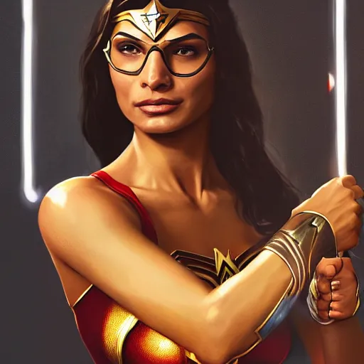 Image similar to a potrait of Mia Khalifa as Wonder Woman by Greg Rutkowski, Sung Choi, Mitchell Mohrhauser, Maciej Kuciara, Johnson Ting, Maxim Verehin, Peter Konig, Zack Snyder, 8k photorealistic, cinematic lighting, HD, high details, dramatic, trending on artstation,