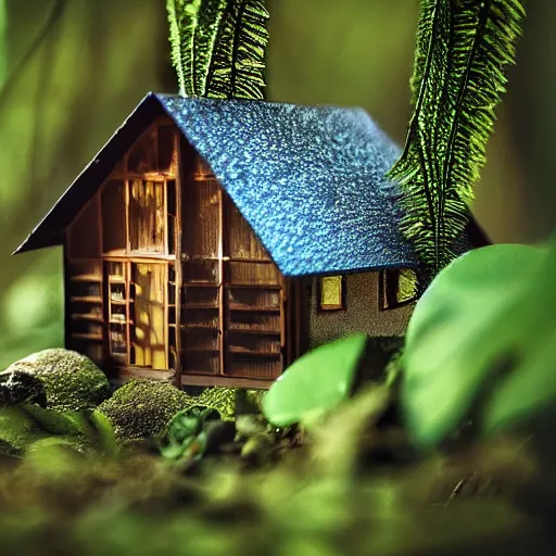 Prompt: an award paper art of a house in the forest, macro photography, ambient light