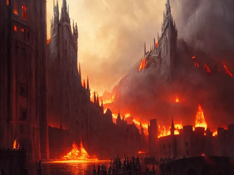 Image similar to medieval cities on fire, lord of the rings, game of thrones, unreal 5, cinematic, 8 k, unreal engine, beautiful, smoothly, concept art, artstation, highly detailed, by wlop, by greg rutkowski, oil painting, by artgerm