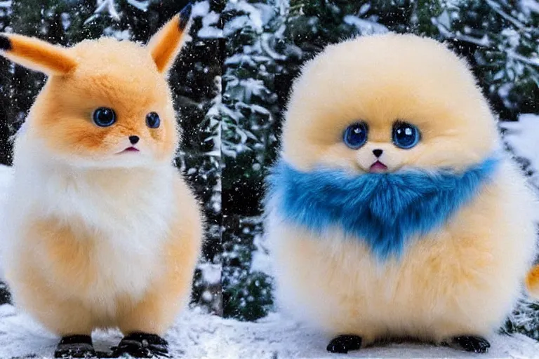 Image similar to real life pokemons, cute!!!, content!!!, mischievous!!!, adorable!!!, chubby!!!, fluffy!!!, ultra realistic!!!, winter, blanket of snow, 4 0 0 0 kelvin, golden hour, sharp focus