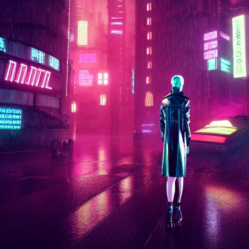 Image similar to ciberpunk city of the future, blade runner style, octane render, digital art, rain, beautiful girl with umbrella wearing a clear raincoat , pink hair, cinematic, 8k, very intricate, 80's, night time,