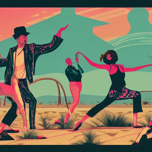 Image similar to a colorfully detailed comic noir illustration of tango dancers in a desert beach oasis by Sachin Teng, dark vibes, high contrast, pastel lighting, cinematic, depth of field, 8k