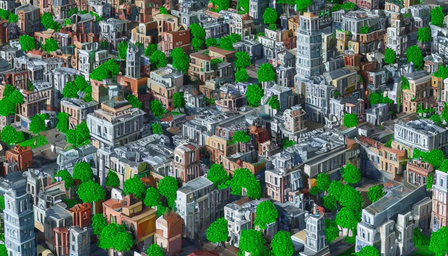 Image similar to a stylized 3D city on green hills, in the style of Silke Van Der Smissen and Maria Puchkova on ArtStation, 4k,