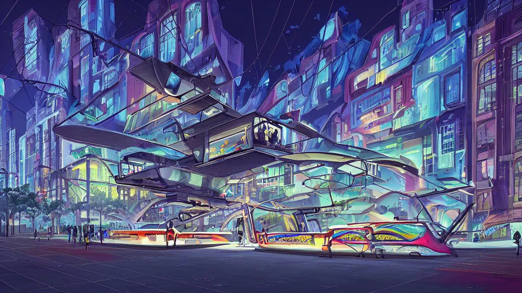Image similar to view of the futuristic church building in the downtown of the city at night by cyril rolando and naomi okubo and dan mumford and zaha hadid. flying cars. advertisements. neon. tram.