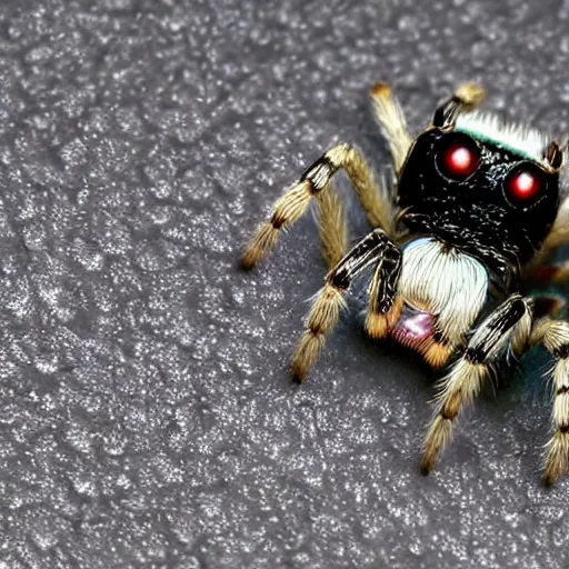 Prompt: a smart jumping spider using his computer keyboard, by pixar, macro lens, iridescent