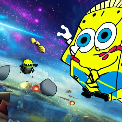 Image similar to the avengers battle spongebob squarepants in space, galaxy, hd, explosions, gunfire, lasers, spatula, giant, epic, showdown, colorful, realistic photo, unreal engine, movie, stars, deep space