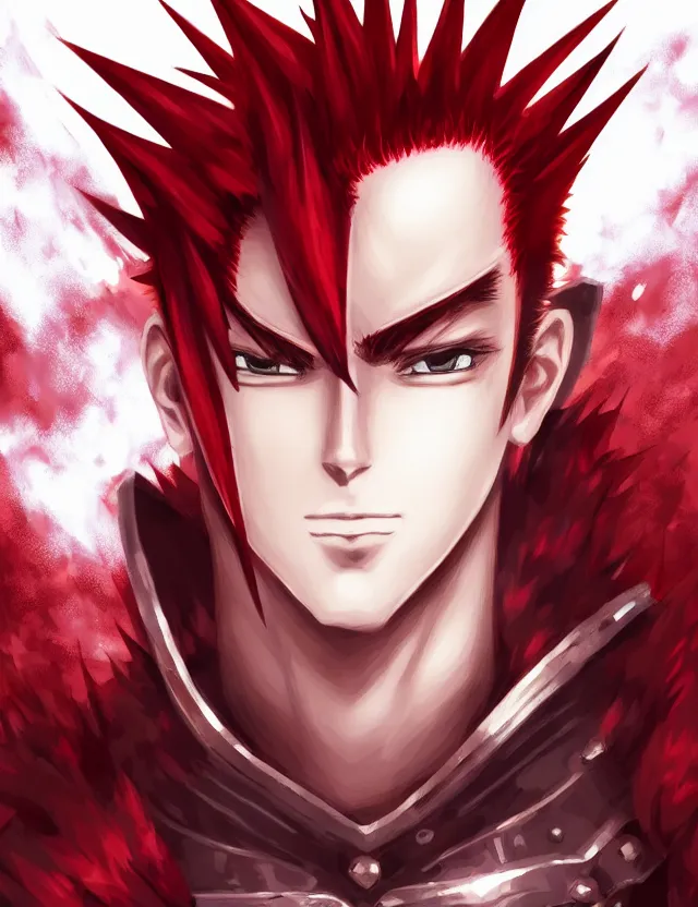 Image similar to a detailed manga portrait of a handsome tall man with spiked crimson hair in fiery crimson crystalline armour, trending on artstation, digital art, 4 k resolution, detailed, high quality, sharp focus, hq artwork, coherent, insane detail, character portrait