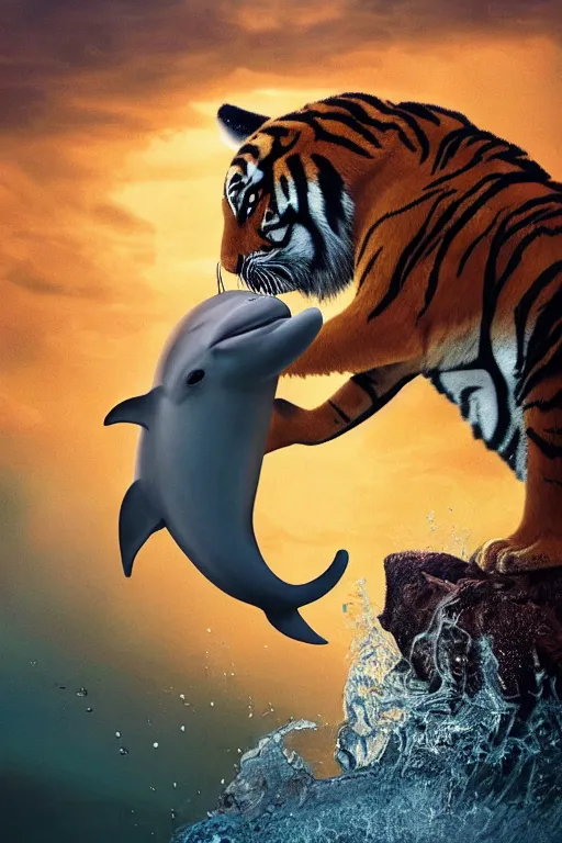 Image similar to a cute little tiger riding a dolphin, pixar, dramatic lighting, cinematic, establishing shot, extremely high detail, foto realistic, cinematic lighting, post processed, concept art, high details, cinematic, 8k resolution, beautiful detailed, photorealistic, digital painting, artstation, concept art, smooth, sharp focus, artstation trending, octane render, unreal engine