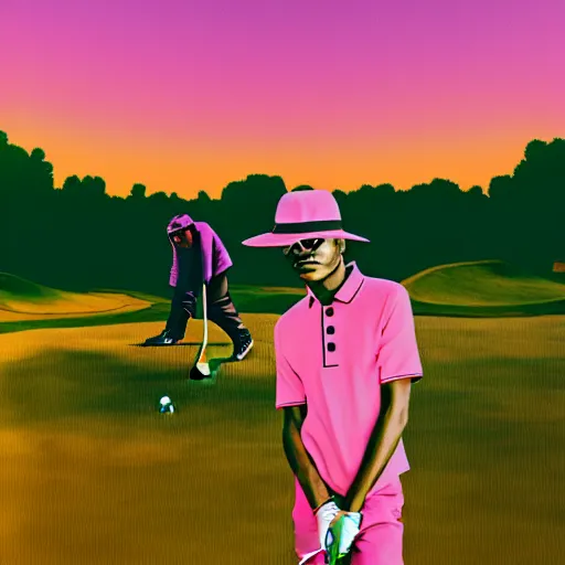 Prompt: a photoshoot for a golf le fleur clothing line starring gorillaz, 8 k concept art, golden hour, vintage, pink skies, cloudy, dreamy, extremely detailed, by damon albarn, mixed media