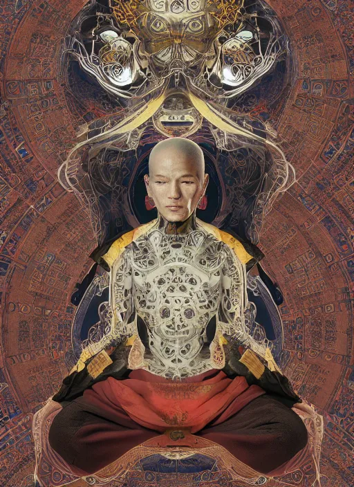 Image similar to portrait of a meditating machine monk cyborg wrapped in sacred scrolls, imari, fractal, in the style of the matrix, intricate ornaments, elegant, highly detailed, digital photography, subsurface scattering, by jheronimus bosch and greg rutkowski,