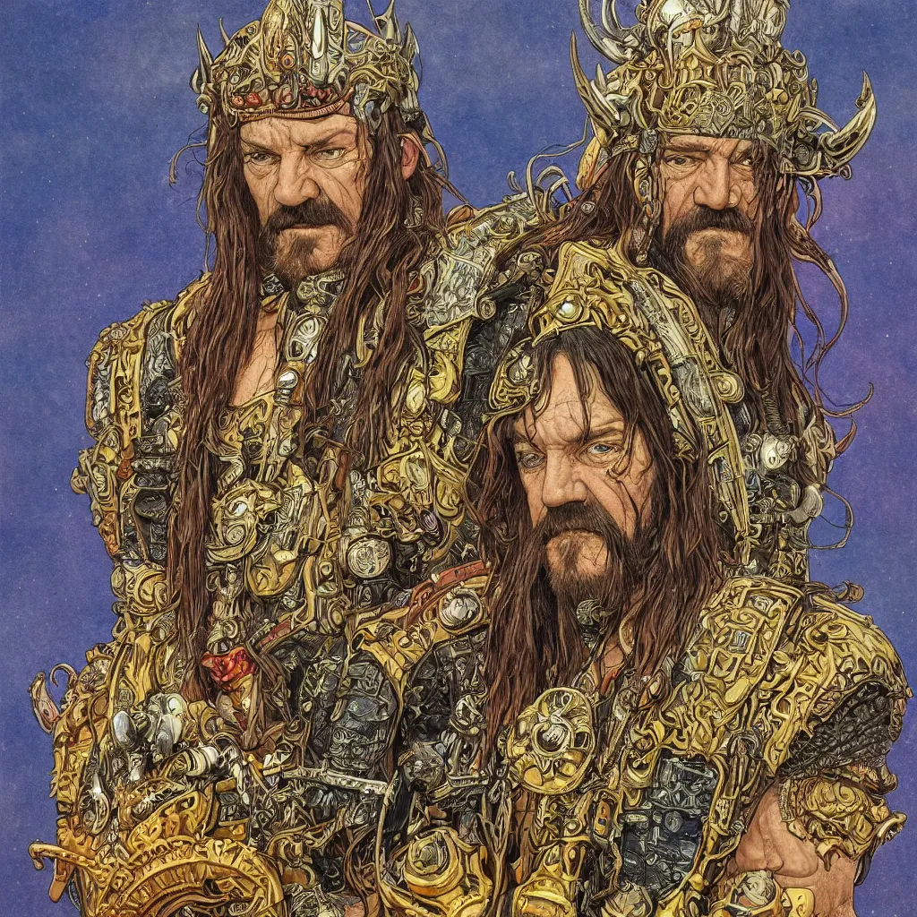Image similar to A dramatic full-color art nouveau and tribal scandinavian styled bust panorama portrait of lemmy kilmister as a tarnished panzer tank ship god-king of the universe, hyperdetailed mixed media artwork combining the styles of Travis Charest, Michael Whelan, Bill Sienkiewicz, Duncan Fegredo, Simon Bisley, Alphons Mucha, Dave McKean and Karol Bak, vast power, stoicism, pessimism, confidence, perfectly symmetrical facial features, 8k, deeply hyperdetailed, cinematic lighting, realistic mechanical details, 8k, UHD, HDR