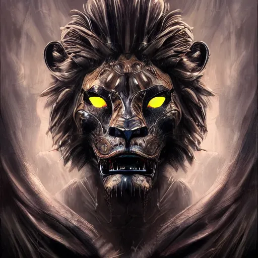 Prompt: Very very very very highly detailed epic photo of face with scary lion venetian mask, intricate, dystopian, sci-fi, extremely detailed, digital painting, artstation, concept art, smooth, sharp focus, illustration, intimidating lighting, incredible art by Artgerm and Vincent di Fate