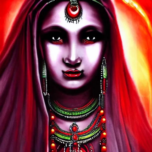 Image similar to beautiful Hindu goddess of the dark with veil, in darkness, cover with a lot of red water, horror terrifying, surreal realistic, hyper details, full HD, 8k!