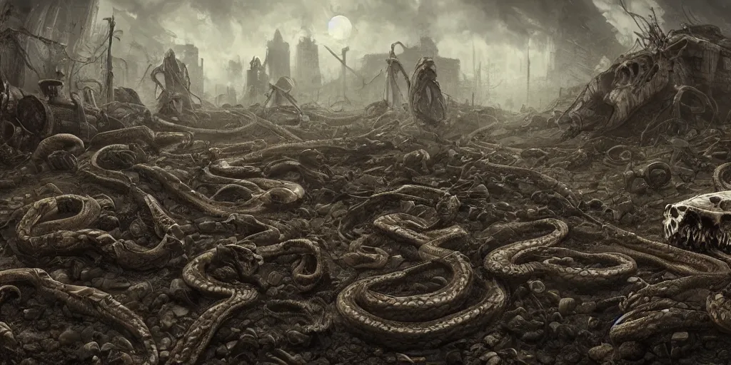 Image similar to snakes crawling from skulls in apocalyptic wasteland, depressing, morbid, surreal, 4 k, digital art, concept art, trending on artstation, highly detailed, epic composition