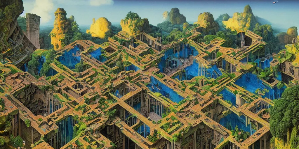 Image similar to isometric perspective, labyrinthine dilapidated prison architecture by mc escher, piranesi and mandelbrot, ricardo bofill. utopian landscape by roger dean. magical realism, colourful warm colours, surrealism, waterfalls, trending on artstation, shot from below,