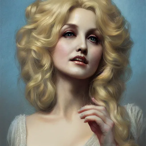 Image similar to beautiful striking Pre-Raphaelite Dolly Parton by Artgerm and Greg Rutkowski, pale, intricate, elegant, highly detailed, digital painting