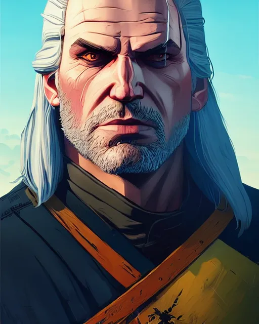 Image similar to portrait of geralt the witcher, gta san andreas cover art, borderlands style, celshading, trending on artstation, by rhads, andreas rocha, rossdraws, makoto shinkai, laurie greasley, lois van baarle, ilya kuvshinov and greg rutkowski