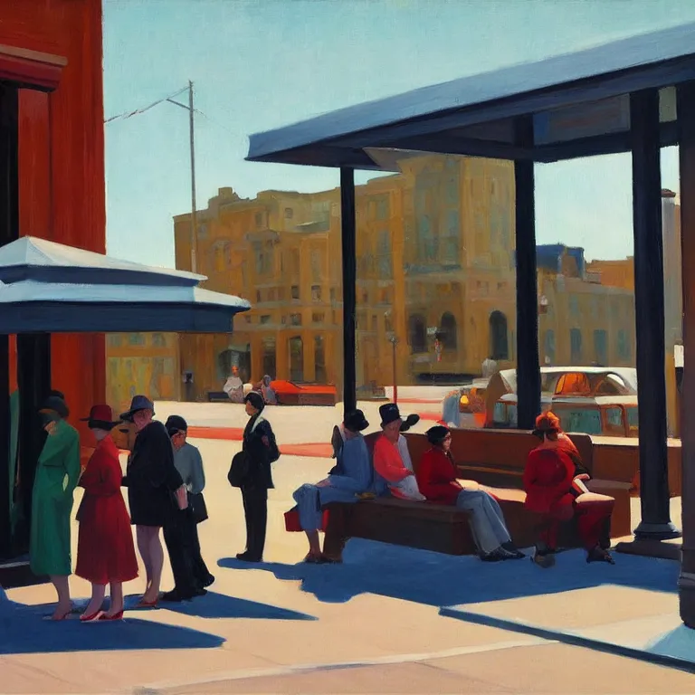 Prompt: a few people waiting at a bus stop in a quiet downtown, painted by Edward Hopper and James Gilleard, oil painting