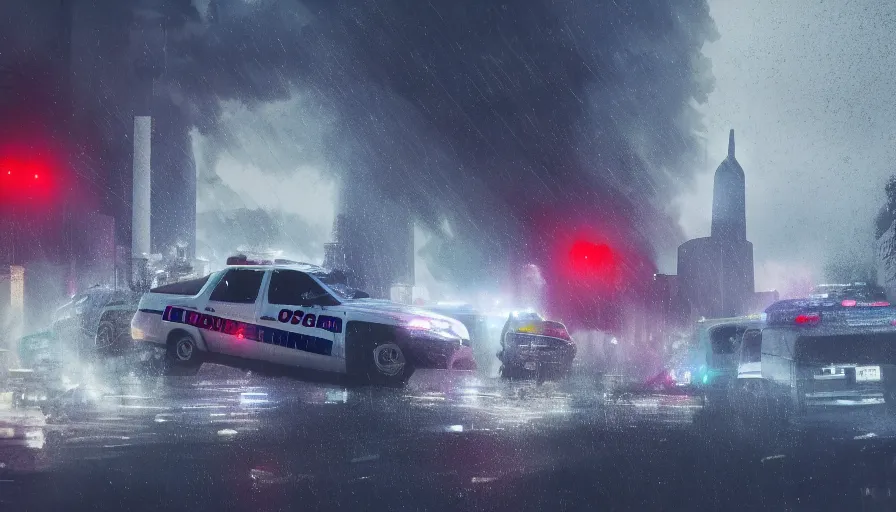 Prompt: cop car with sirens crossing washington dc during storm with tornado destroying the city, debris, hyperdetailed, artstation, cgsociety, 8 k