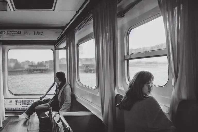 Image similar to Inside the train, some people are sitting, the train is sailing on the water, the windows are fluttering with transparent gauze curtains, the sun shines in, fog and swans over the river, indoor scene, cinematic, 8k, masterpiece, light effect, ue5, photoshop