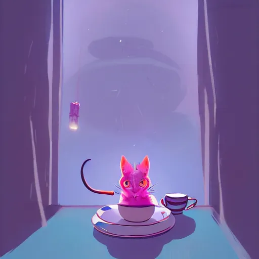 Image similar to cheshire cat drinking tea, in the style of atey ghailan and james gilleard and goro fujita, exquisite lighting, art, very coherent, trending on artstation