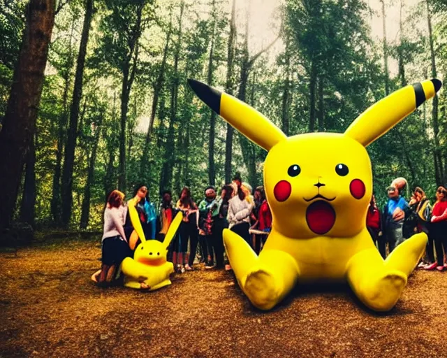 Image similar to photograph of a group of people worshipping a giant pikachu in a forest, ultra realistic!!!, spring time, slight overcast weather, golden hour, sharp focus