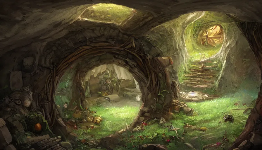 Image similar to concept art of the inside of a hobbit - hole, digital art, trending on artstation