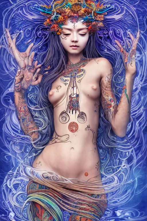 Image similar to a centered full body render of an alluring goddess festival hippy with tribal tattoos surrounded by a underwater ink pour and flowing liquid gallium and sacred geometry, perfect body and face, gorgeous, cinematic, beautifully lit, by miho hirano, by karol bak, by donato giancola, 3 d, trending on artstation, octane render, 8 k