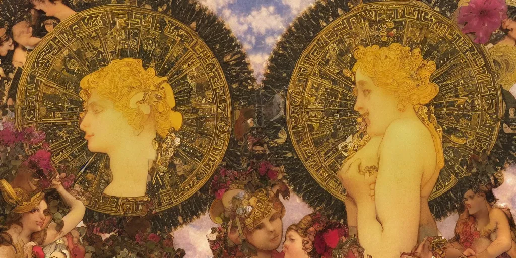 Prompt: MARBLE, majestic, baroque ,sistina, saint Woman, Venus godness Athena, beautiful, gracious, pagans, marble and gold, space, stars, clouds, sun, greeks, coerent face, fruits, bioluminescent skin, bees, pomegranade, by alphons mucha