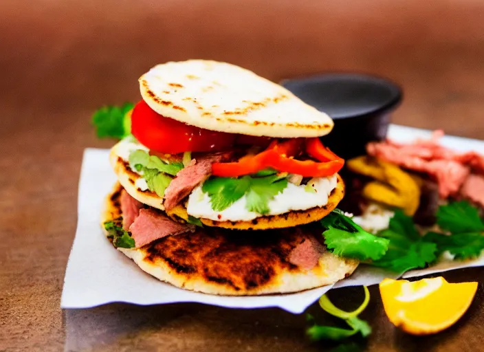 Image similar to dslr food photograph an arepa filled with sliced meat 8 5 mm f 1. 8