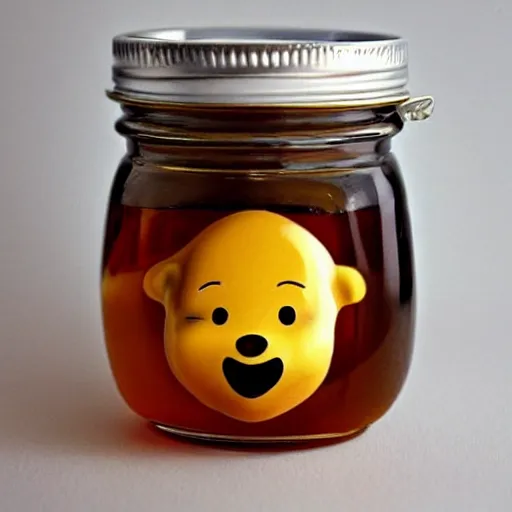 Image similar to a tiny winnie the pooh head = a jar of honey, surreal, realism