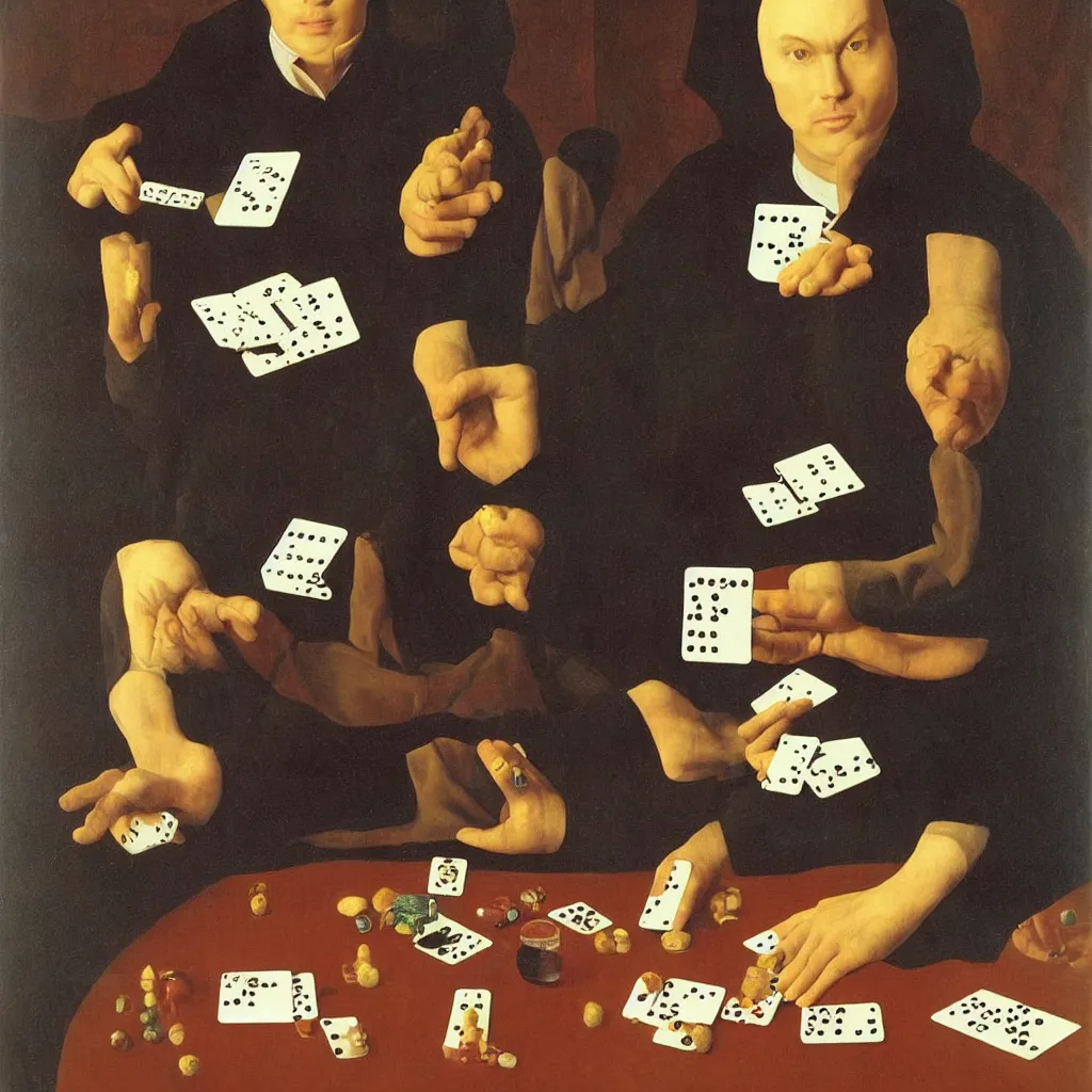 Image similar to Portrait of BILLY CORGAN PLAying DOMINOES. Painting by Jan van Eyck, Audubon, Rene Magritte, Agnes Pelton, Max Ernst, Walton Ford