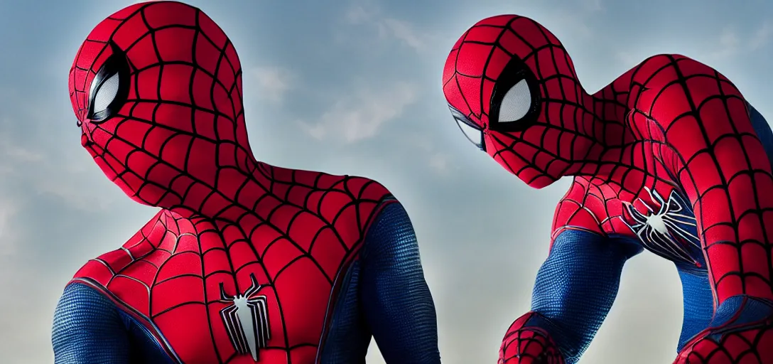 Image similar to Gigachad as Spider-Man, film still, wide-shot, full shot, cinematic lens, heroic portrait